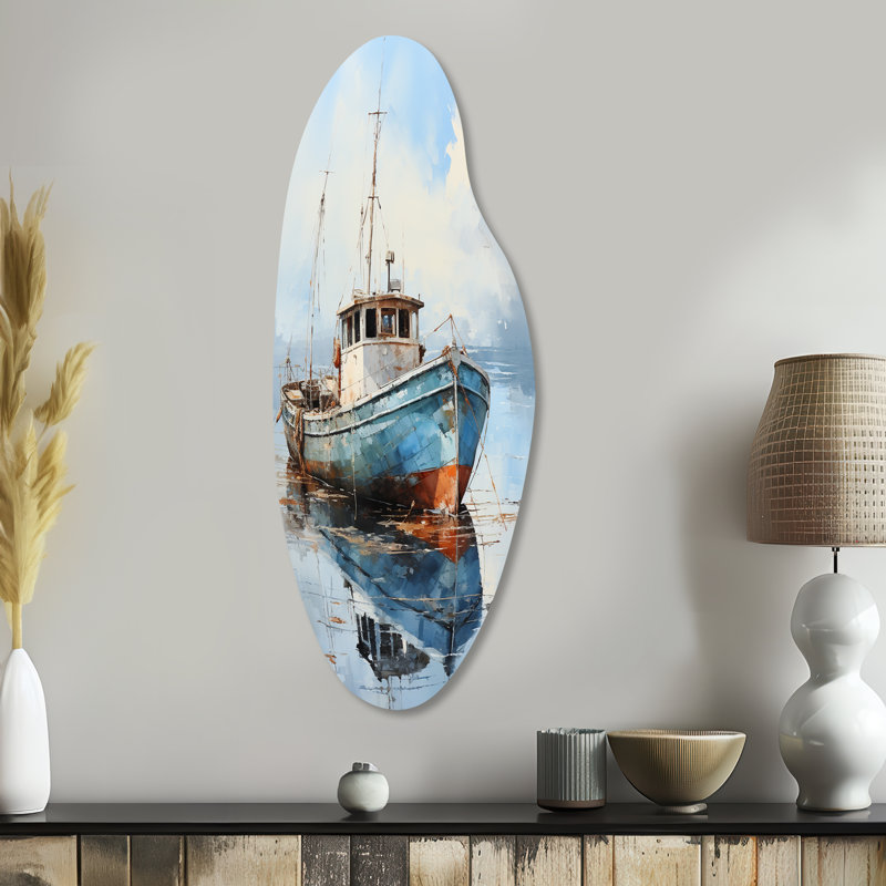 Alazaya Fishing Boat At The Port IV - Asymmetrical Coastal Boat Metal Art, Curved Metal Wall Sculpture Print, 38" H x 15" W