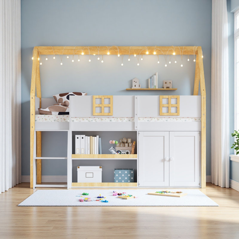 Lit mezzanine bas avec escalier, tablettes, armoires et lumières DEL, Lit double
