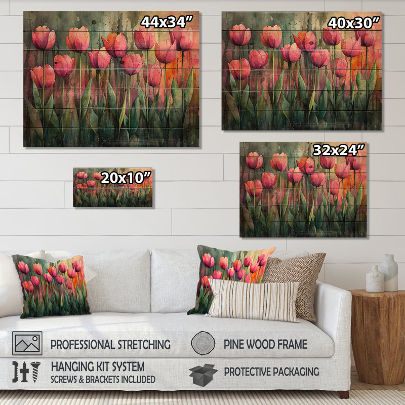 Watercolor Pink Hues Tulips Field Horizon I - Tulips Wood Wall Decor - On Natural Pine Wood, 24" H x 32" W x 0.78" D