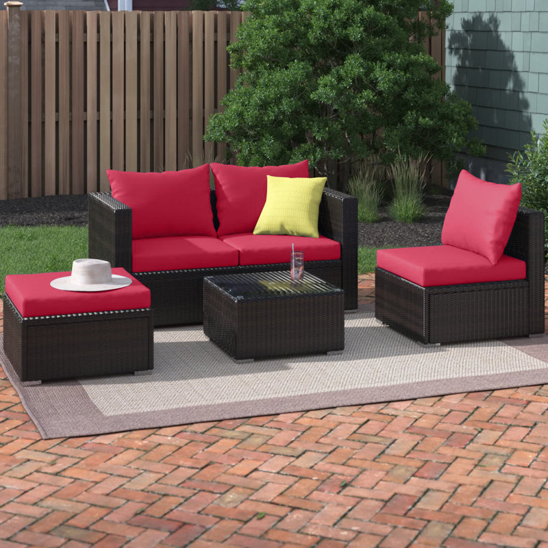 Ensemble de conversation pour patio en rotin 5 pièces avec repose-pieds et table basse, Rouge