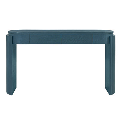 Table console d'entrée avec fini en bois naturel, plateau ovale et 2 tiroirs, idéale pour l'entrée et le salon.