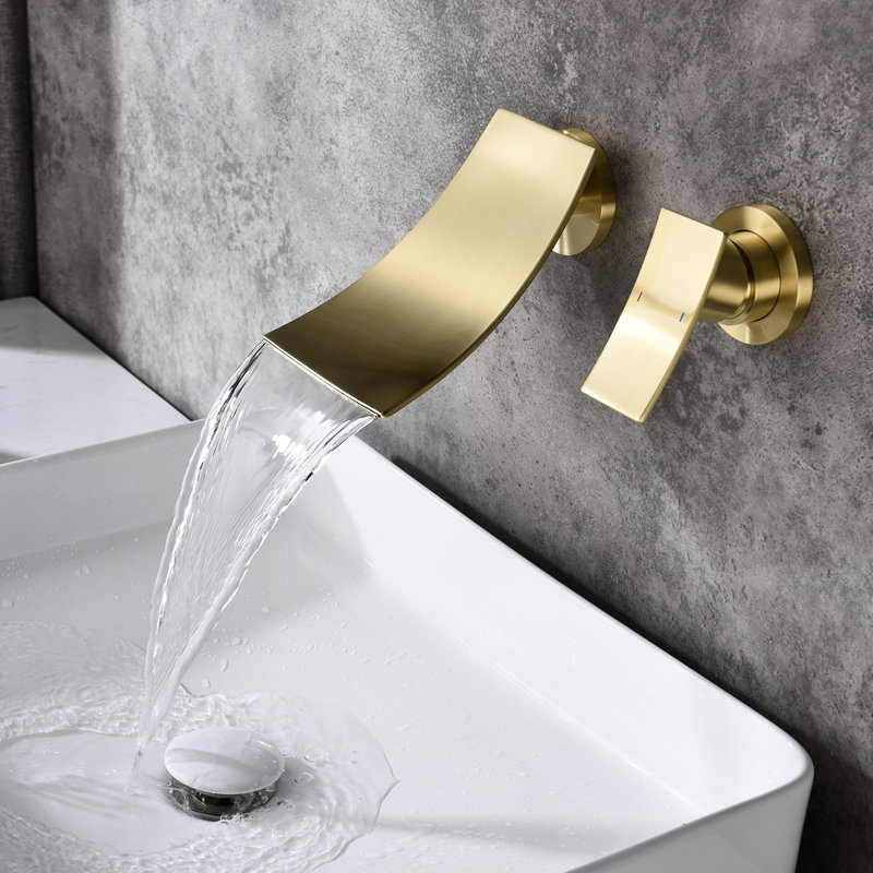 Golden Wall Mounted Bathroom Fixture - Smooth Water Flow For A Luxurious Tub Stylish Mount Tap Gold Large Flushing Area Waterfall Spout Bath