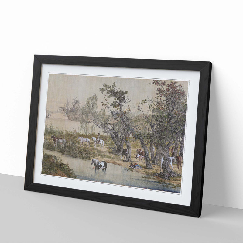 Horses by the Stream by Lang Shining - Framed Print, 27cm H x 36cm W x 2cm D, Black Framed