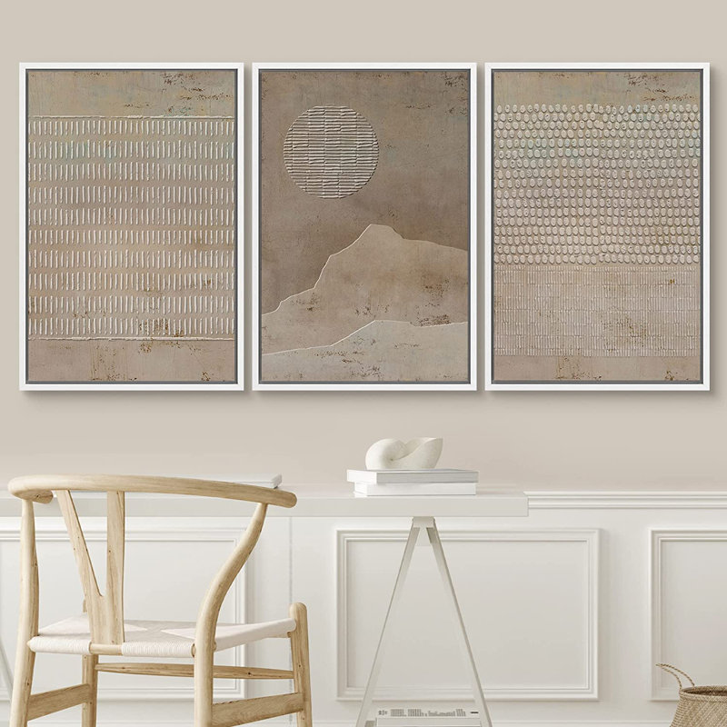 Geometric Line Grunge Geometric Minimalist Brown Abstract Frame Art 3 Piece Set - No Texture Graphic Canvas Print, White