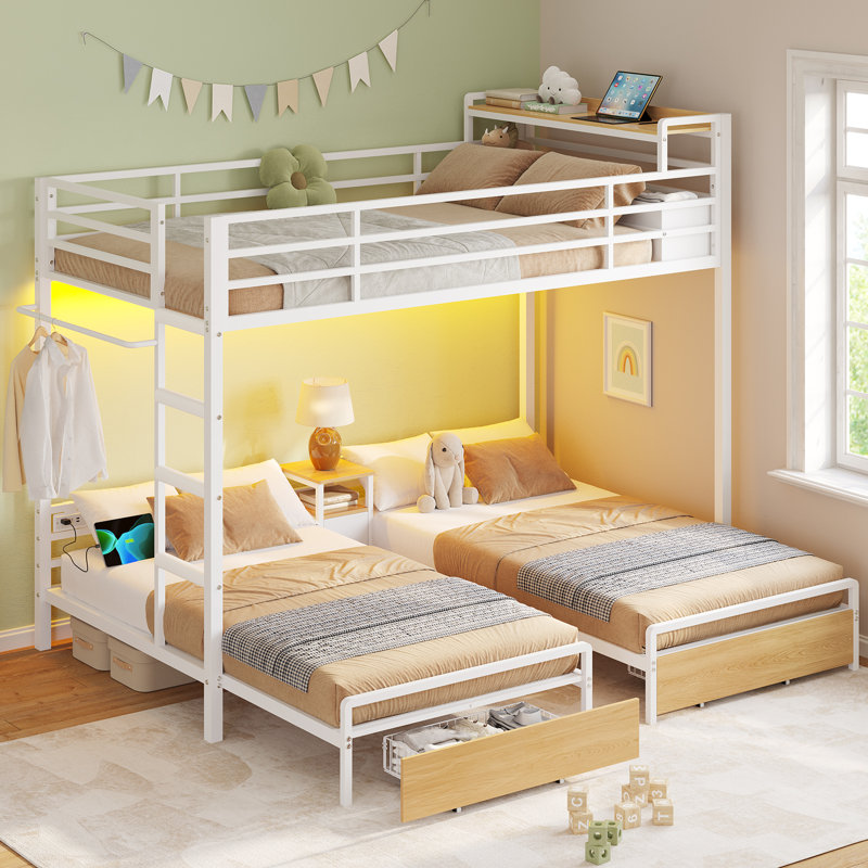 Twin Over Twin Bunk Bed With Storage Drawers And Charging Station, Bed With Led Light,Triple Metal Bunk Bed With Storage Shelves And Box,3 Beds With Guardrails And Ladder,White
