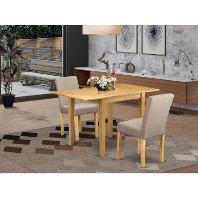 3 Piece Kitchen Table Set Contains a Rectangle Dining Table with Dropleaf and 2 Light Tan Linen Fabric Parson Dining Room Chairs, Oak