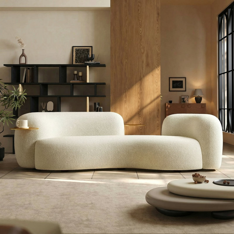 102" Modern Curved Bouclé Sofa With Integrated Gold Side Tables, 4-Seater For Living Room