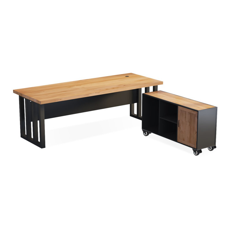 Burlywood+Black Rectangular Solid Wood+Iron desk, 29.53" H x 62.99" W x 47.24" D
