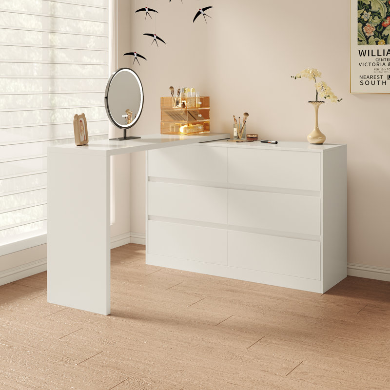 Table de coiffeuse extensible avec 6 tiroirs, Blanc