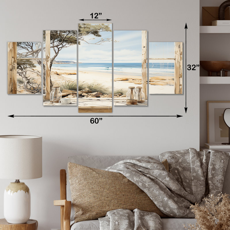 «Beachside Cottage Charm I - Coastal Windows Multipanel», ensemble d'art mural