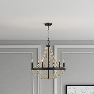 Starry Wood Chandelier Six Candle Light Wood Beaded Black Pendant Light For Dining Room