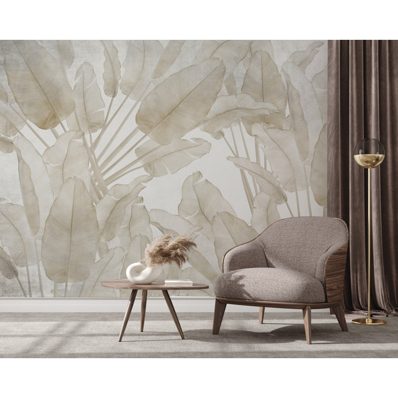Neutral Beige Tropical Leaves Wallpaper Wall Mural, 106" L  x 187" W