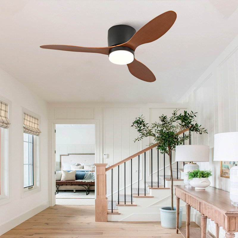 Ventilateurs de plafond de 42 pouces avec lumières, plafonnier encastré, ventilateur à 3 pales avec lumière et télécommande, moteur à courant continu réversible à 6 vitesses, silencieux, pour la chambre à coucher, intérieur / extérieur, noir et noyer
