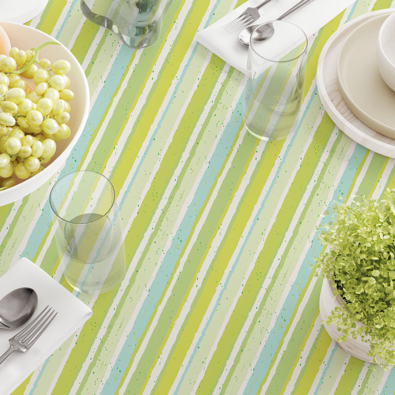 Rectangular Tablecloth, 100% Cotton, 52X104", Green Stripes & Ink Splatter, 52" L x 52" W