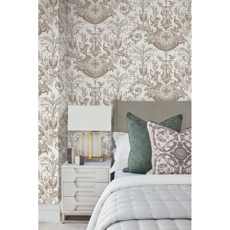 Avian Fountain Toile Wallpaper Roll, Mink