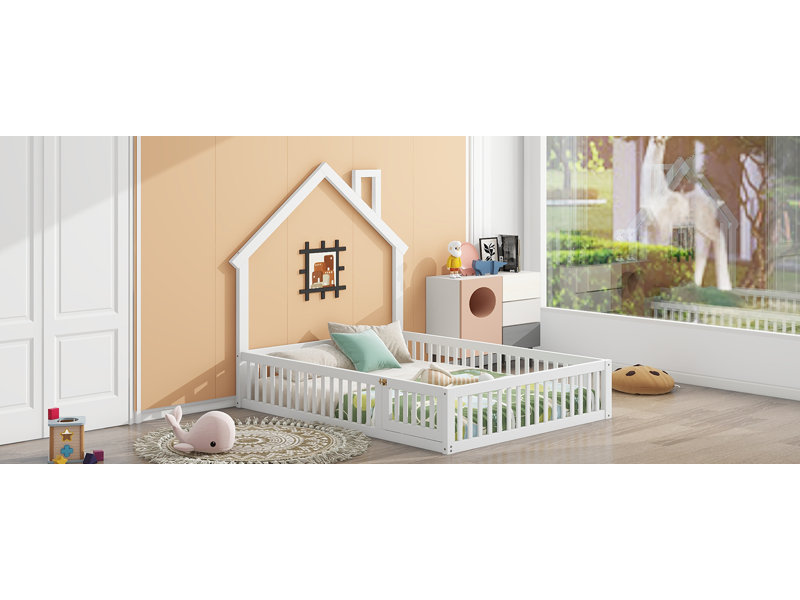 Wood Full Size House Platform Bed With Guardrail, White