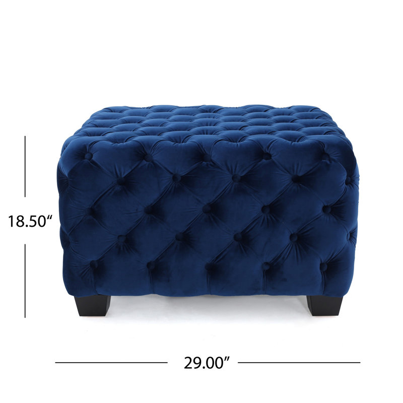 Repose-pieds, capitonnage moderne, velours bleu marine, forme carrée 29 pouces