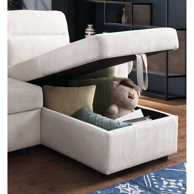 Canapé modulaire en chenille beige avec canapé-lit réversible et ports, chaise de rangement fonctionnelle