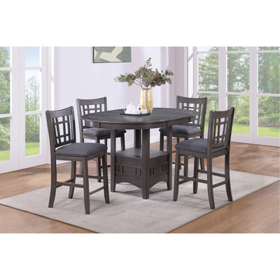 Contemporary Dining Room Counter Height 5Pc Dining Set Round Table W Leaf And 4X Side Chairs Gray Finish Solid Wood