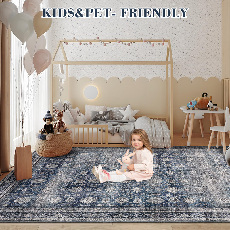 Machine Washable Rug with Rubber Backing for Living Room Oriental Non-Slip Bedroom Rug Floral Faux Wool Runner Rugs for Hallway Kitchen Entryway Laundry