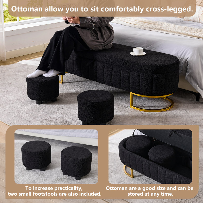 Morden 65" Curved Teddy Storage Bench with Two Ottoman and Storage Bag, Teddy Black