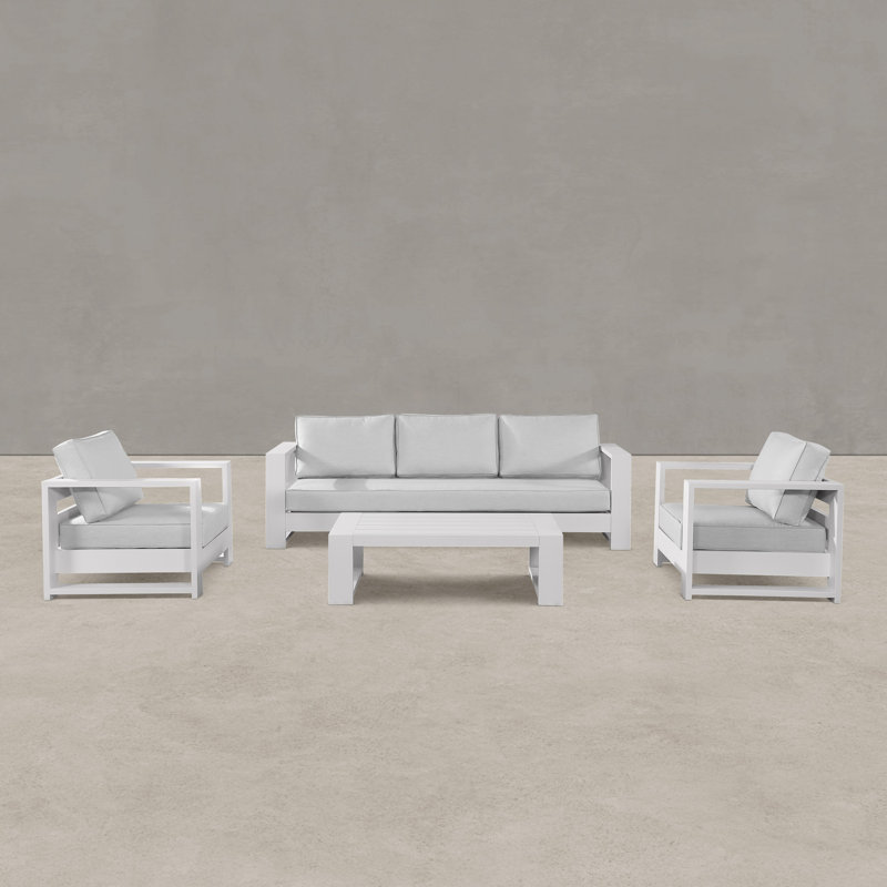 Ensemble de conversation d'extérieur en aluminium avec table de bout Hoyt, 4 Pcs: Coffee Table, 1 Sofa, 2 Chairs, Gris clair