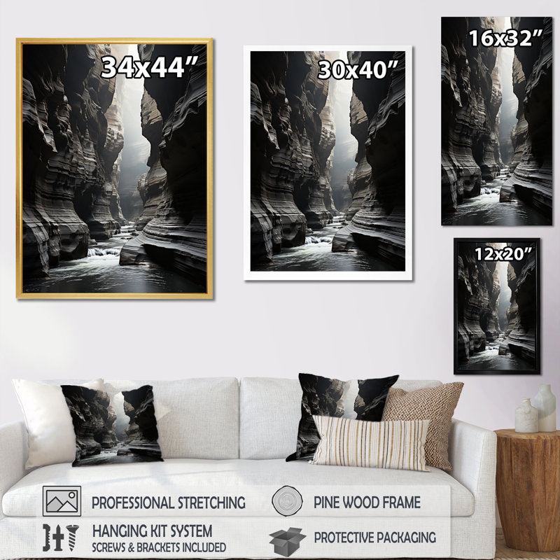 «Black White Canyon Whispering Walls In II», art mural sur toile encadré Canyon, H 32 po x l 16 po x P 1 po, Cadre photo noir
