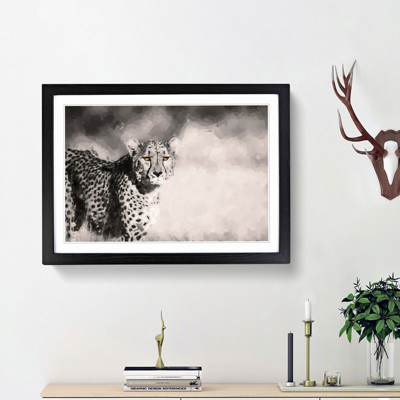 Cheetah with Orange Eyes in Abstract - Picture Frame Graphic Art Print, 36cm H x 48cm W x 2cm D, Black Framed