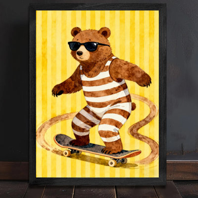Reproduction d'art encadré noir rétro avec planche à roulettes rétro