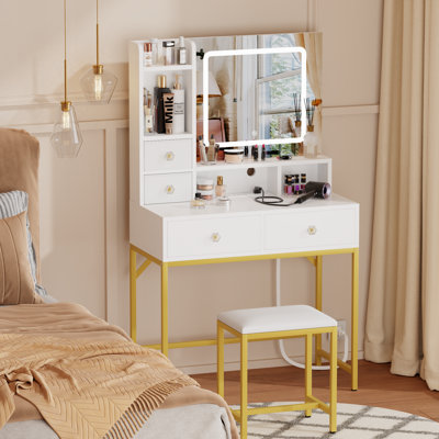 Makeup Vanity Desk with LED Lighted Mirror, 4 Drawers, Power Outlet and Stool