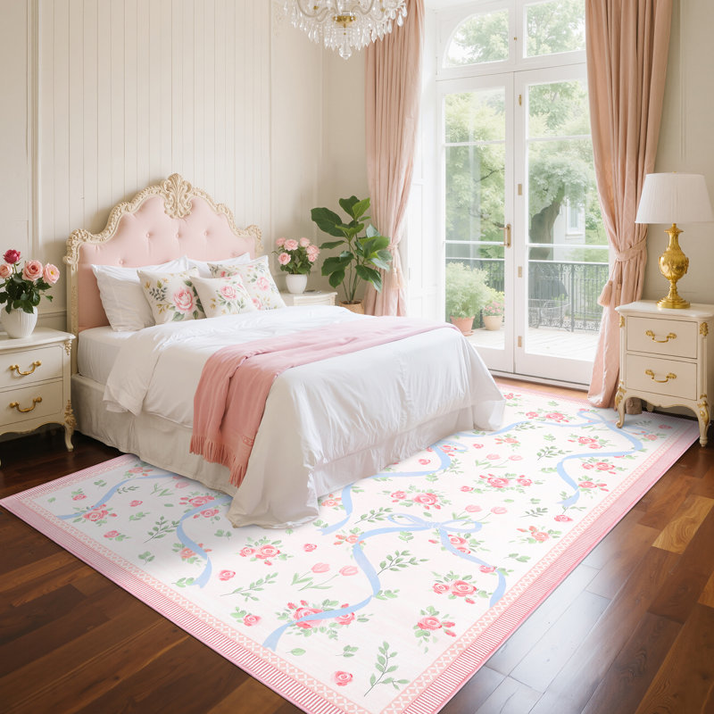 Tapis décoratif lavable, Rose / bleu, Rectangle 5' x 7'