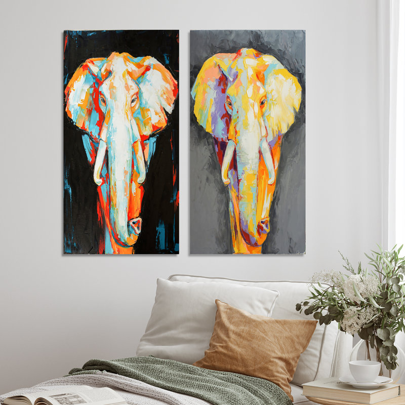 «Paint Dessin of Elephant Portrait», ensemble de 2 peintures sur toiles, H 32 po x l 32 po x P 1 po, Toile tendue