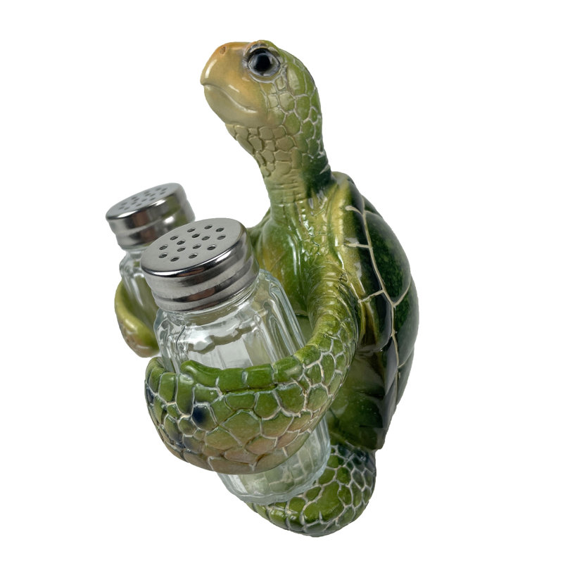 Ensemble sel et poivre en résine verte côtière, motif tortue marine, flacons en verre, couvercles en métal, hauteur 14,6 cm