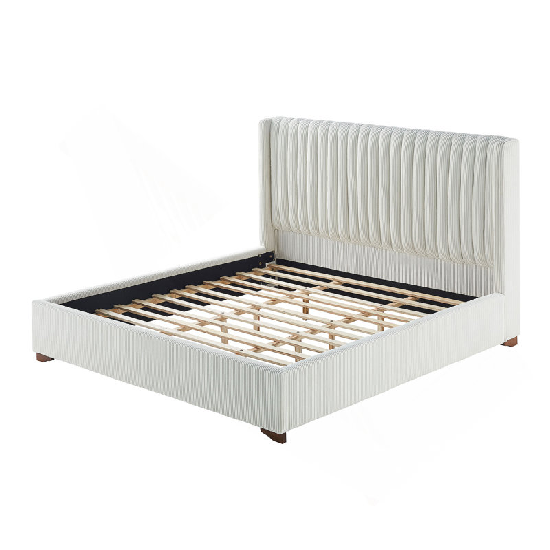 Modern Upholstered Platform Bed With Corduroy Wing Headboard, White, King