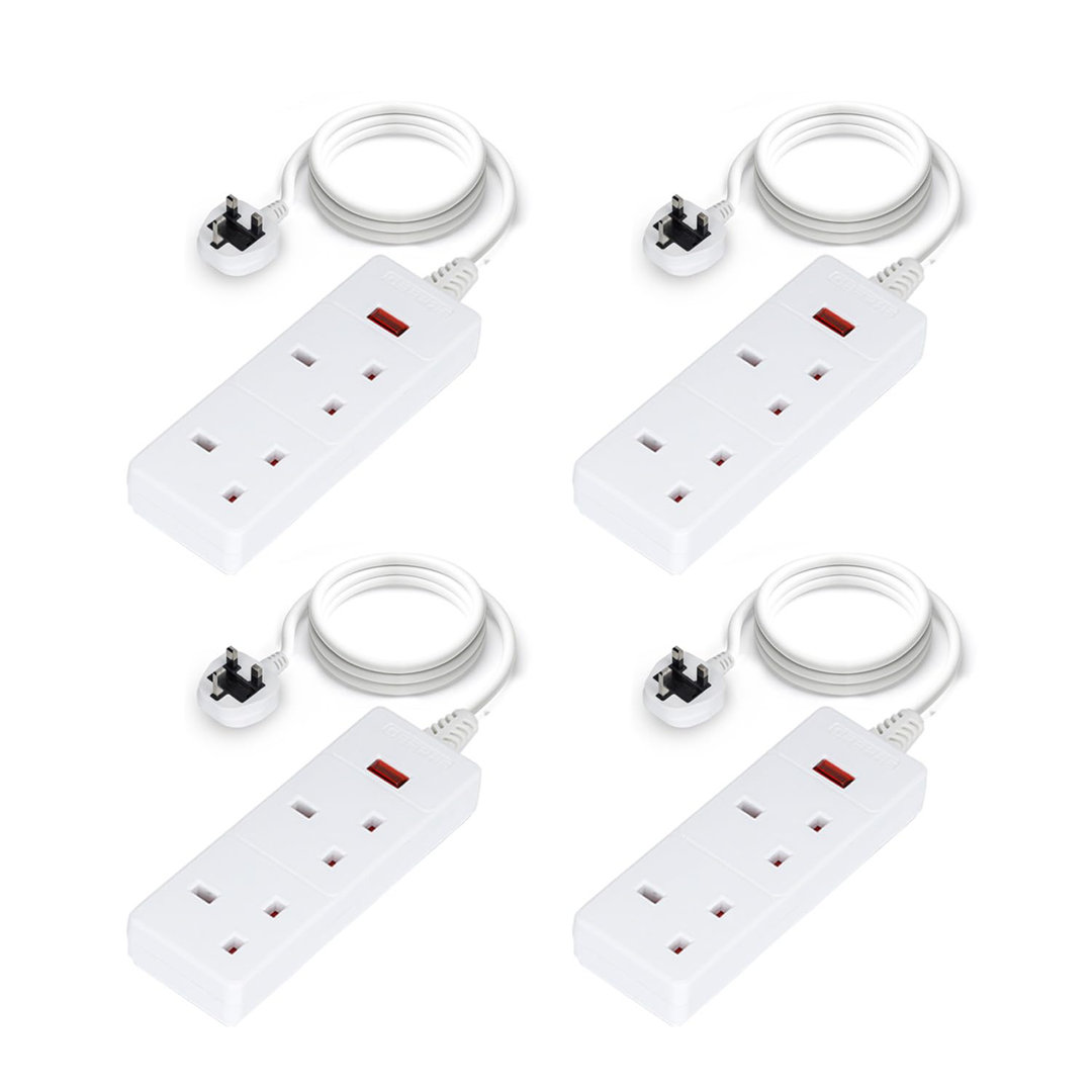 GEEPAS 2 Gang Extension Lead, 2M Cable | 2-Way Plug Extension Cable with Neon Indicator Light | Wall Mountable & Multi Socket Mains Strip for Home Bed