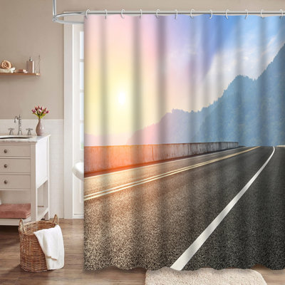 Road Mountains Foggy Nature Landscape Sunset Shower Curtain with 12 Hooks