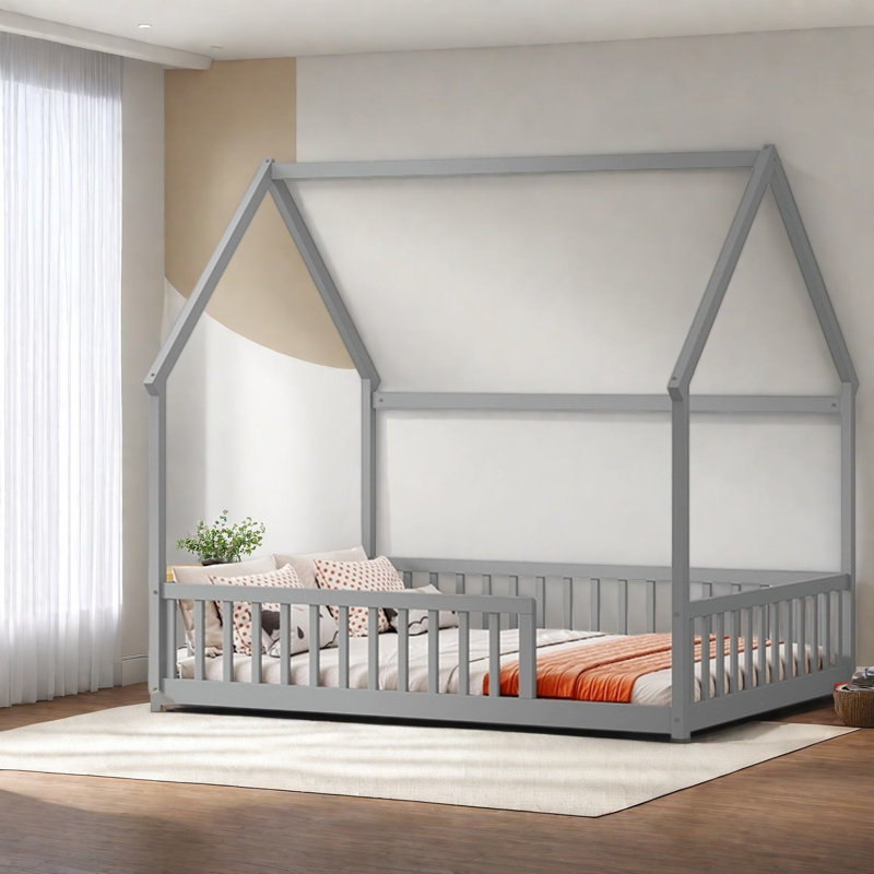 Lits House House, structure en bois de pin pleine grandeur avec garde-corps, chambre d'enfant moderne grise