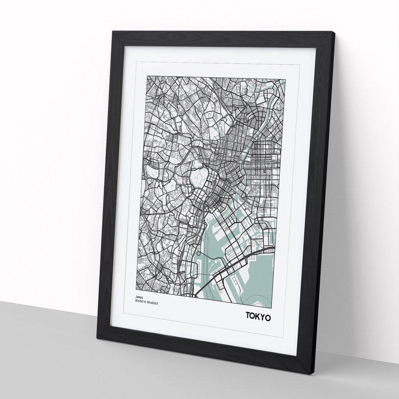 Map Tokyo Japan - Picture Frame Graphic Art, 65cm H x 48cm W x 2cm D, Black