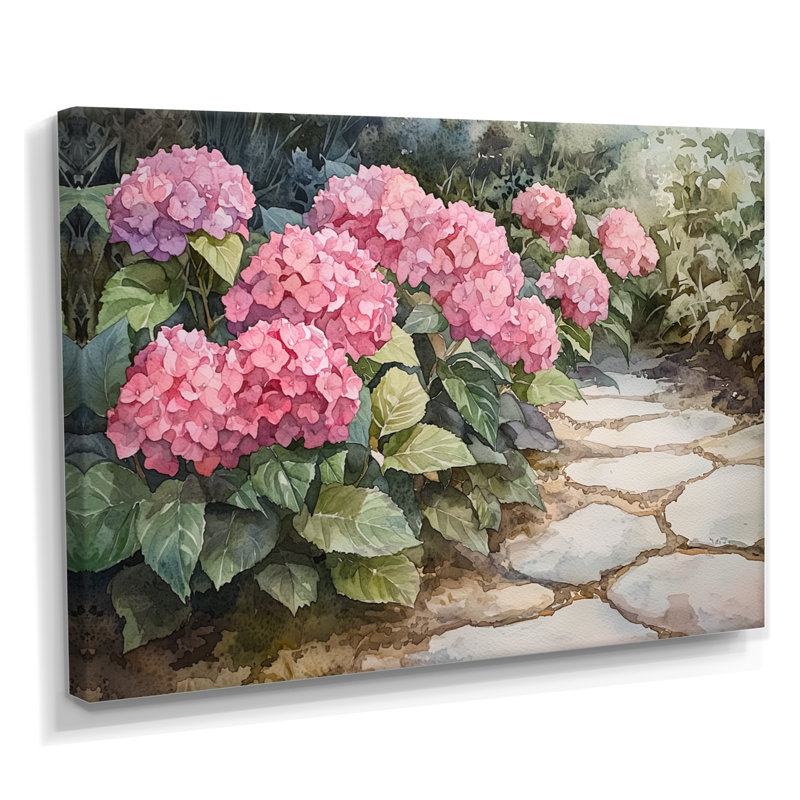 Hydrangées dans l'allée de jardin monochrome I - Hydrangées, reproductions encadrées, H 30 po x l 40 po, Toile tendue