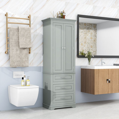 Wood Tall Bathroom Cabinet with Adjustable Shelf, Storage Drawers and Anti-Tipping Design