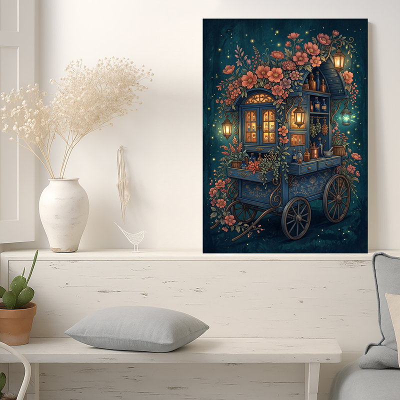 «Blue Apothecary Cart» avec lanternes lumineuses et fleurs roses, art mural sur toile, H 18 po x l 12 po