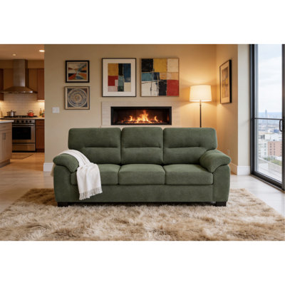 Canapé 3 places, canapé rembourré vert, mobilier de salon moderne, canapé en tissu texturé, canapé minimaliste, fauteuil confortable, canapé à structure robuste