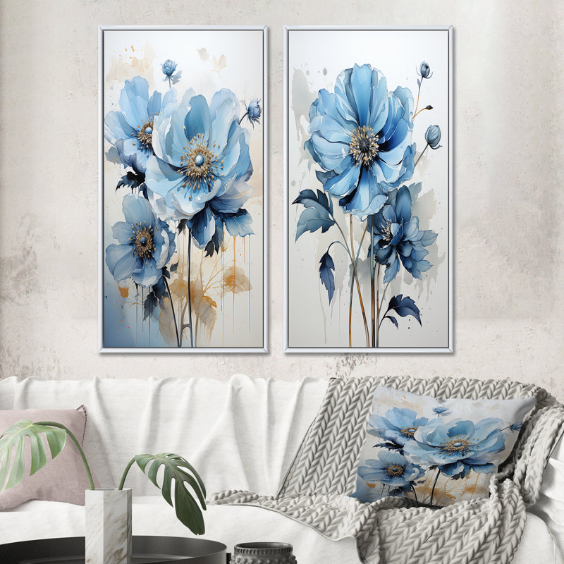 Fleur de marguerite bleue minimalisme "Fleur de marguerite bleue minimalisme" 2 - pièces sur, Cadre blanc, H 20 po x l 24 po