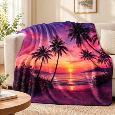 1Pcs Tropical Beach Sunset Palm Trees Fleece Blanket – Vibrant Print;Cozy and WarmMachine WashablePerfect for Home Decor Outdoor ActivitiesAll-Season ComfortUnique Gift Idea Bedding and sofa items