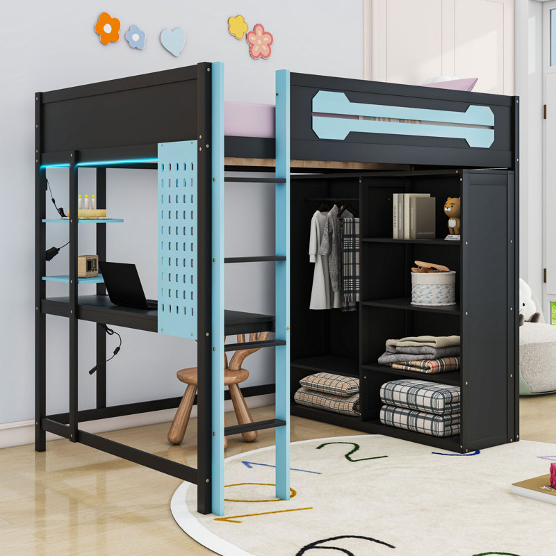 Full Wood Loft Bed With Desk, Open Wardrobe, LED Light And Power Outlets, Blue