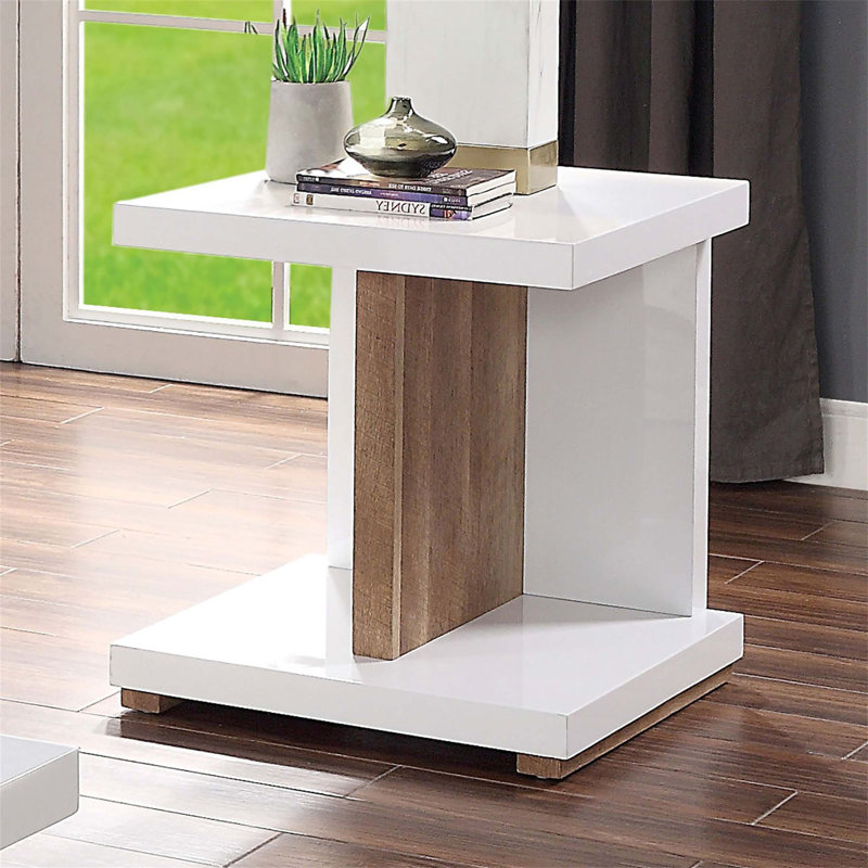 Table de bout moderne à deux tons avec finition ultrabrillante et tablettes ouvertes pour un rangement élégant