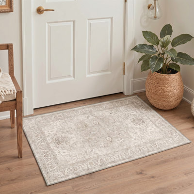 Paillasson oriental traditionnel ivoire/beige performant à poils courts, lavable et antidérapant