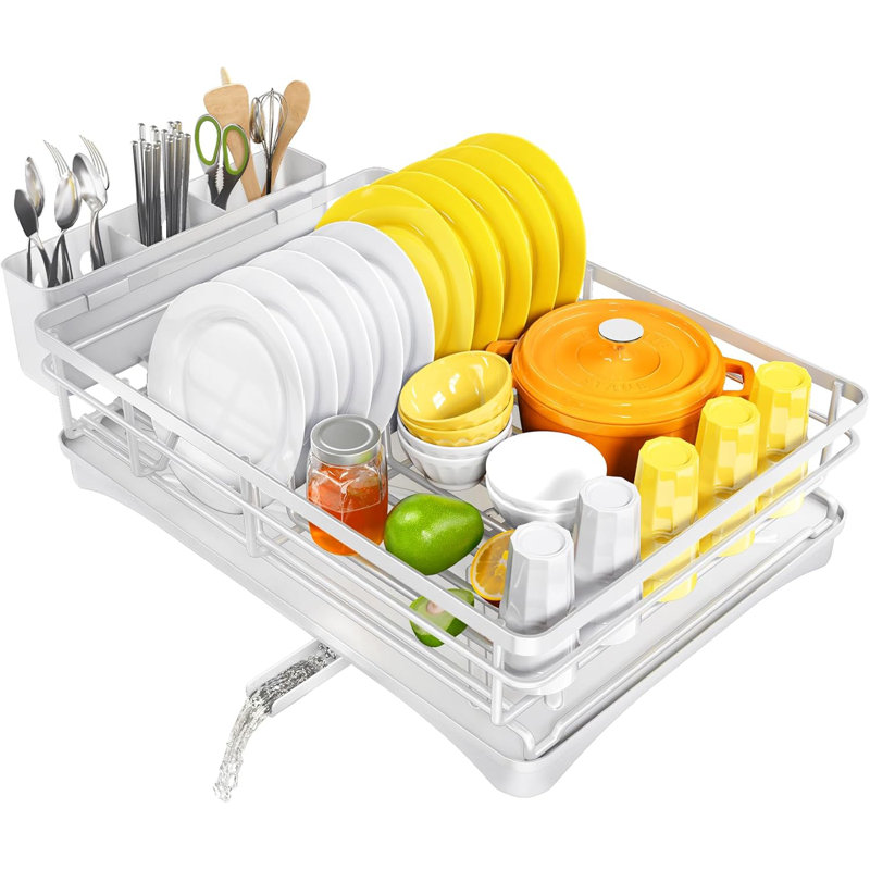 White Stainless Steel Countertop Dish Rack with Utensil Holder