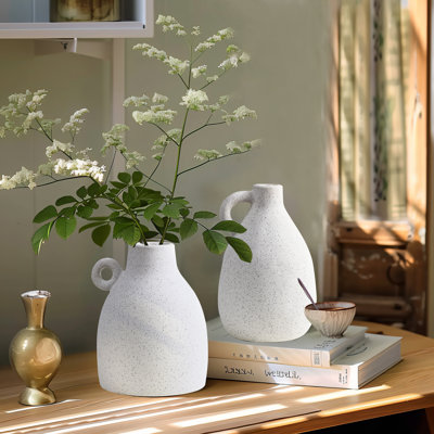 Modern White Speckled Ceramic Vase Set of 2 with Handles, Matte Terracotta Decorative Flower Vase