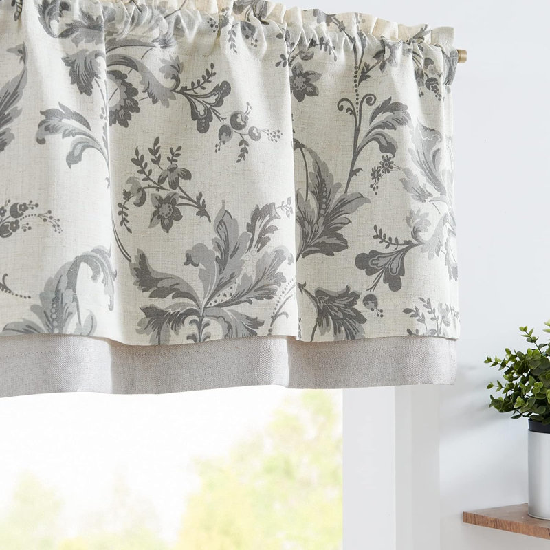Cantonnière en lin à motif floral, Gris, L 50 po x L 18 po